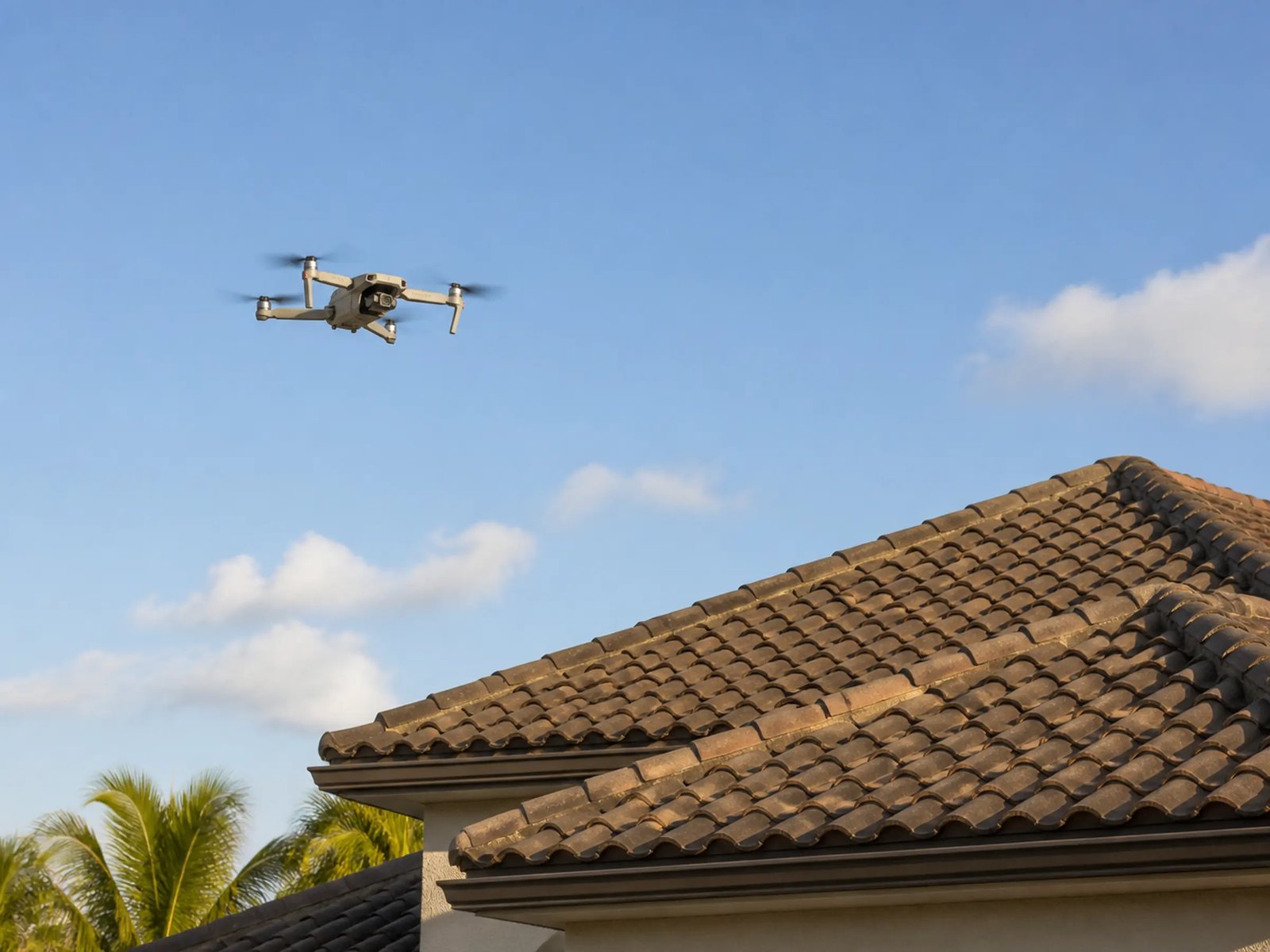 Drone sobrevolando el techo de tejas de una vivienda residencial del Sur de la Florida durante una documentación aérea del techo.