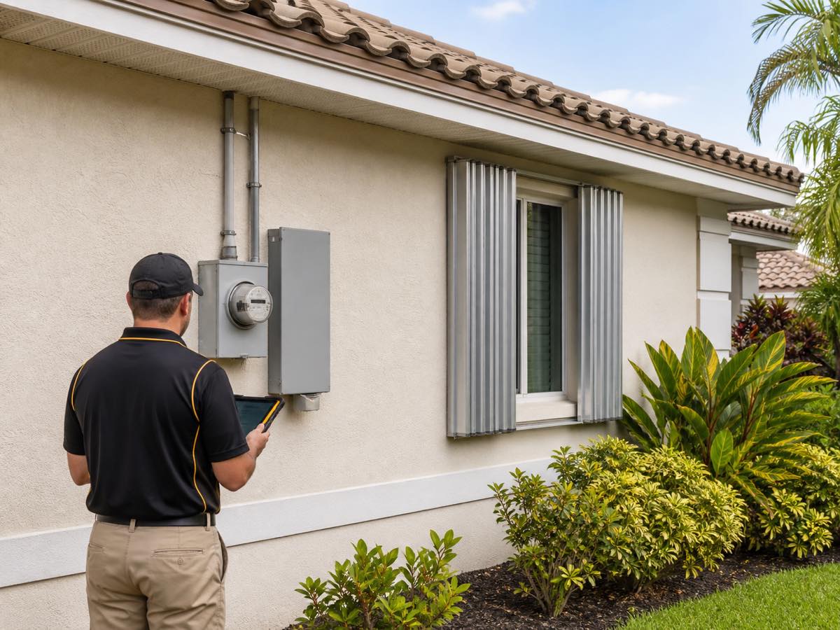 Inspector de viviendas examinando un medidor eléctrico exterior y persianas contra huracanes en una casa del Sur de la Florida durante una inspección de cuatro puntos y mitigación de viento.