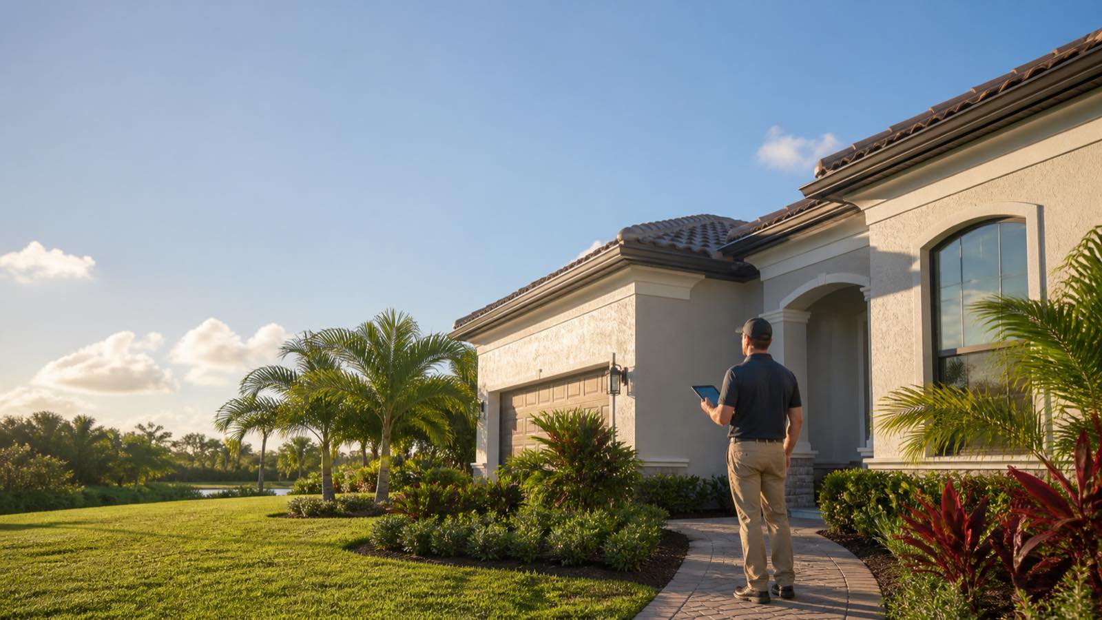 Inspector de viviendas sosteniendo una tableta mientras examina el exterior de una casa del Sur de la Florida con techo de tejas y jardinería madura.