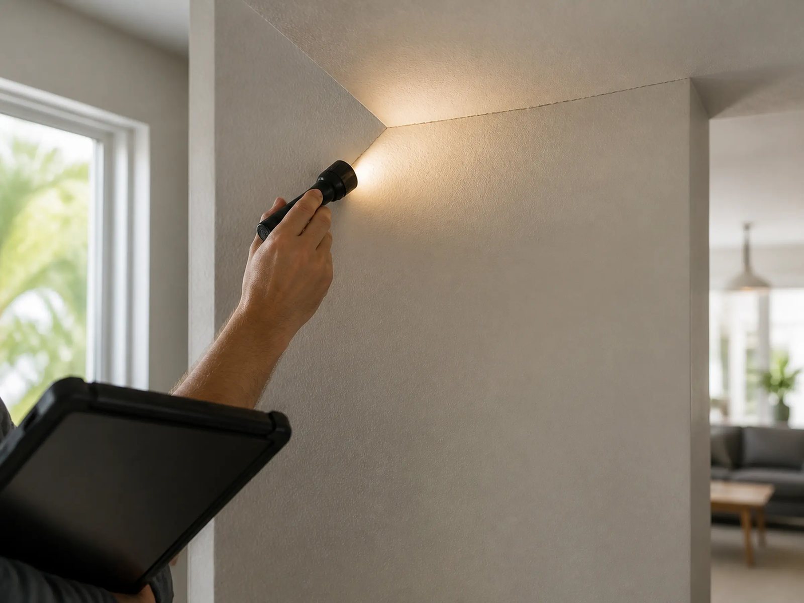 Inspector de viviendas iluminando con una linterna una pequeña grieta en la unión de una esquina de drywall, dentro de una vivienda que se acerca al final de la garantía del constructor.