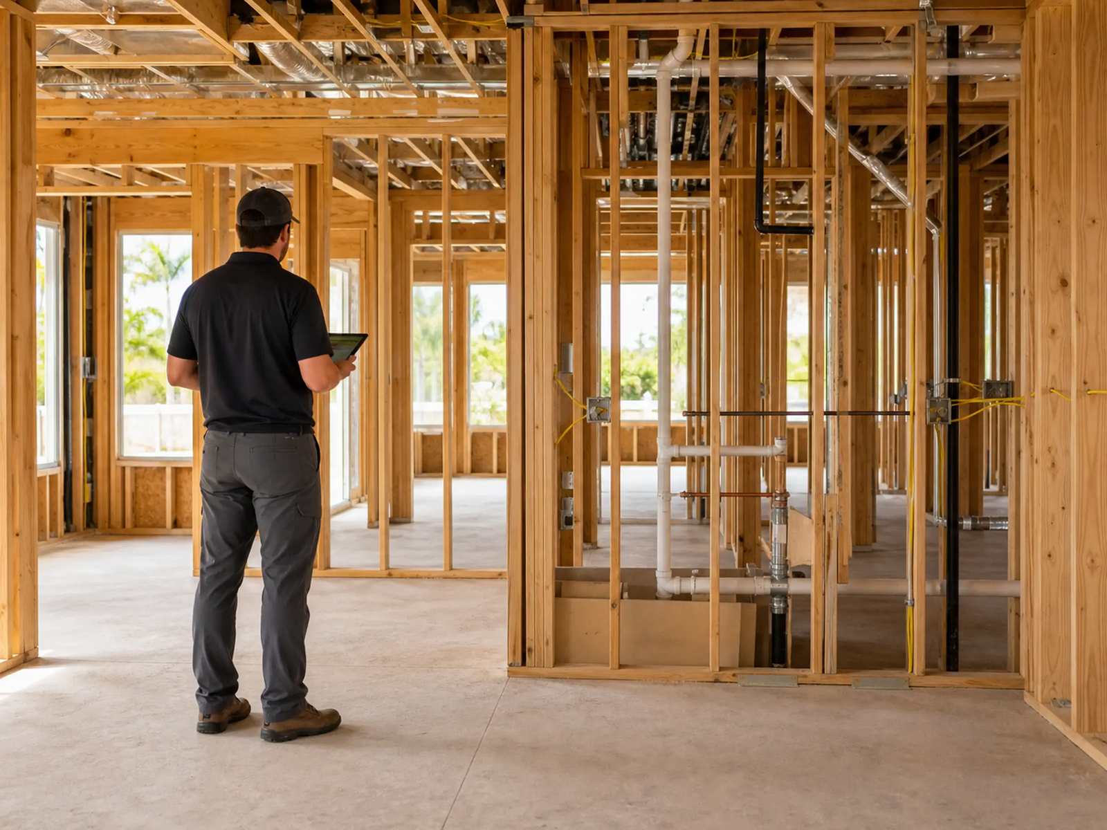 Inspector de viviendas revisando una tableta dentro de una casa recién enmarcada, con estructura de madera y plomería preliminar expuestas antes de instalar el drywall.