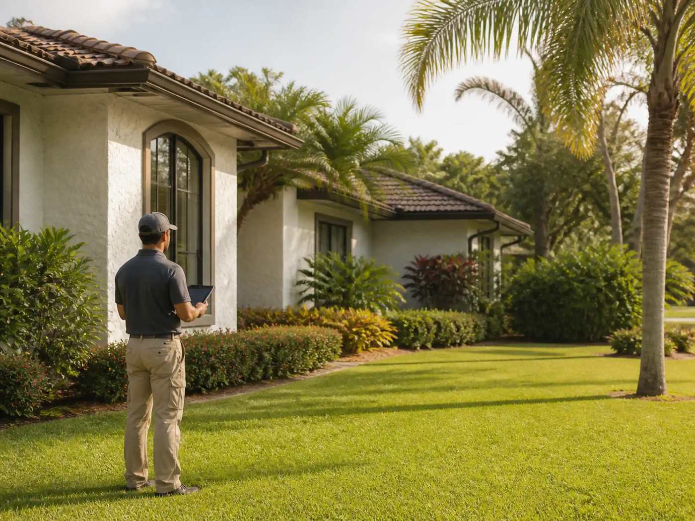Inspector de viviendas con una tableta revisando el exterior de una vivienda con jardinería cuidada, bajo luz cálida de atardecer, antes de ponerla en venta.